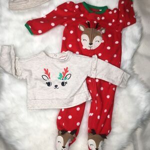 0 to 6 months baby Christmas holiday deer sweatshirt sleeper bodysuit hat bundle